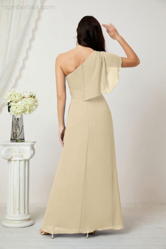Baoleely  Chiffon Ruffled One Shoulder Long Bridesmaid Dresses A-line Formal Evening Gown Side Split 2809
