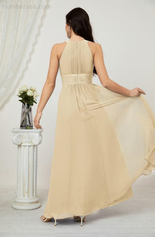Baoleely Formal Party Gown Dress Chiffon Halter Long Sleeveless Bridesmaid Dresses 2802