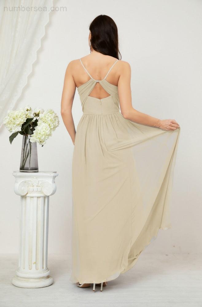 Robe de demoiselle d'honneur en mousseline de soie, longue, coupe trapèze, col en V, pour soirée de mariage, 2801 