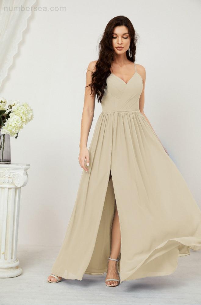Robe de demoiselle d'honneur en mousseline de soie, longue, coupe trapèze, col en V, pour soirée de mariage, 2801 