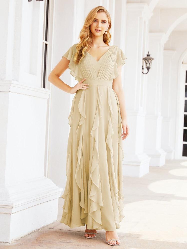 Ruffled Bridesmaid Dresses with Sleeves Long Formal Party Dress 28041