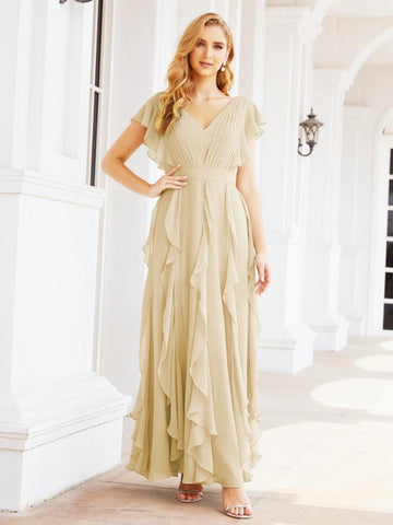 Vestidos de dama de honor con volantes y mangas, vestido largo de fiesta formal 28041 