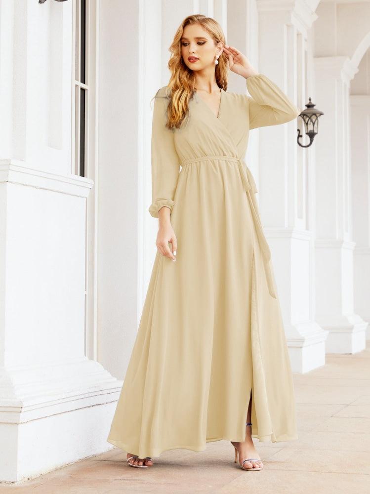 Vestido de dama de honor de gasa para mujer Sunderly, corte en A, manga larga, vestido de noche formal para invitada de boda SY28032 