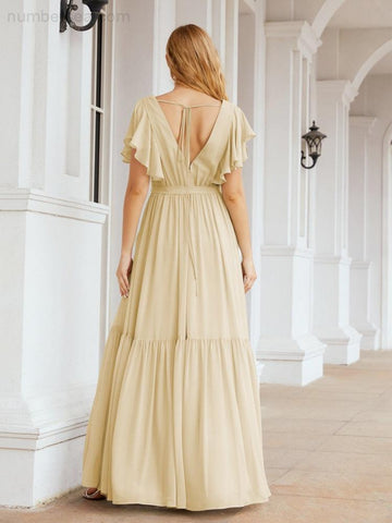 Vestido de fiesta formal de noche con espalda descubierta para mujer Baoleely, escote en V, largo, de gasa, con cinturón a la cintura 28038