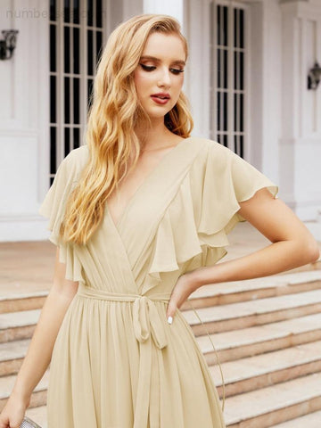 Vestido de fiesta formal de noche con espalda descubierta para mujer Baoleely, escote en V, largo, de gasa, con cinturón a la cintura 28038