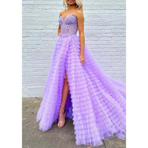 Sweetheart Strapless Tulle A-line Appliques with Side Slit Party Prom Evening Dress