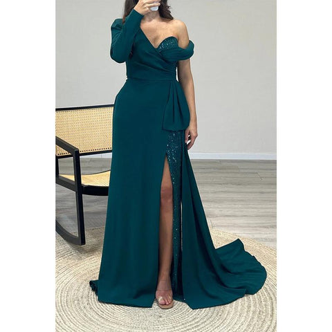 Robe de bal longue sexy asymétrique à perles et col en V 