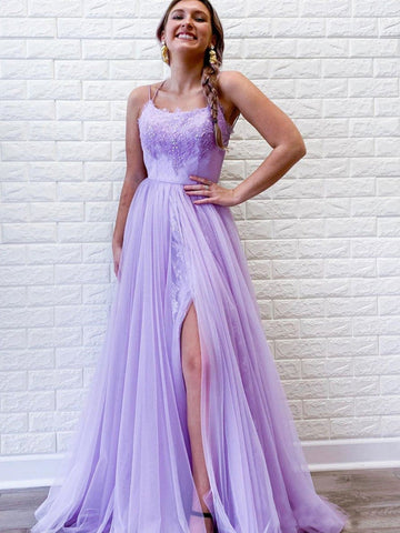 Robe de bal longue en tulle violet dos nu, coupe trapèze