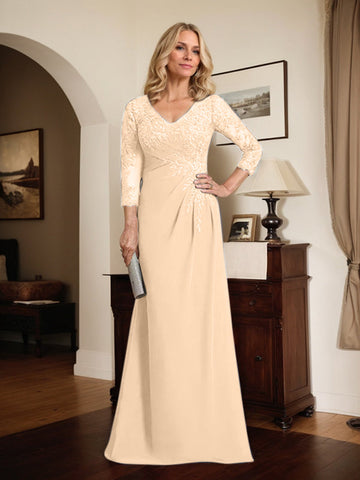 Sheath/Column V-Neck Illusion Floor-Length Lace Chiffon Mother of the Bride Dress With Pleated Sequins