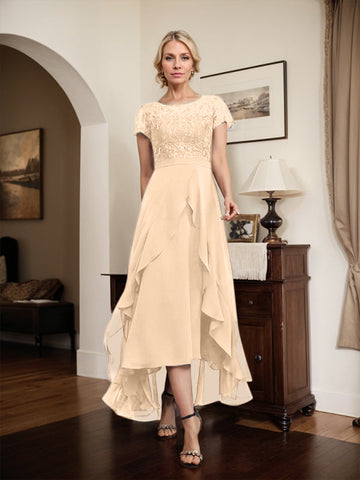 A-line Scoop Illusion Asymmetrical Chiffon Lace Mother of the Bride Dress With Bow Ruffle Sequins