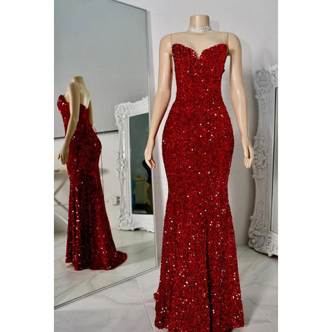 Vestido de noche de sirena con escote en V, sin mangas, con cordones y lentejuelas