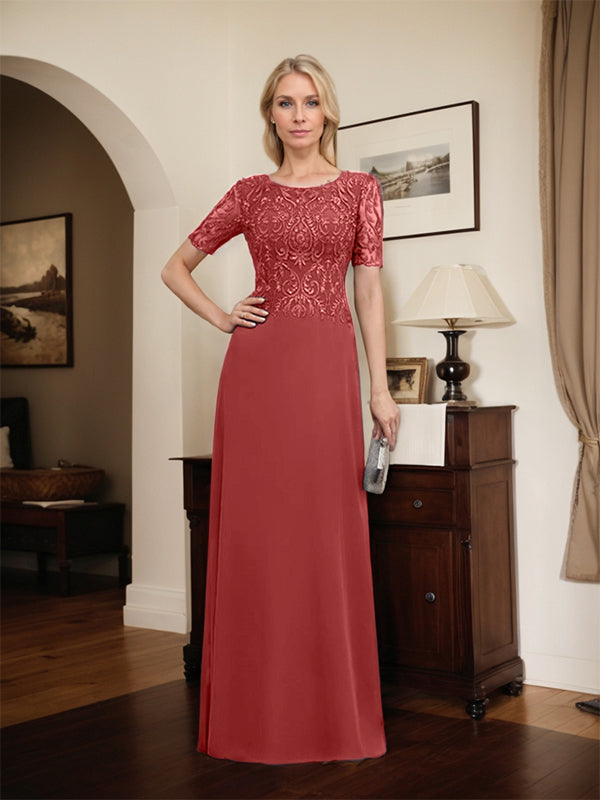 Vestido de novia de corte línea A, escote redondo, largo hasta el suelo, de encaje y gasa con lentejuelas.