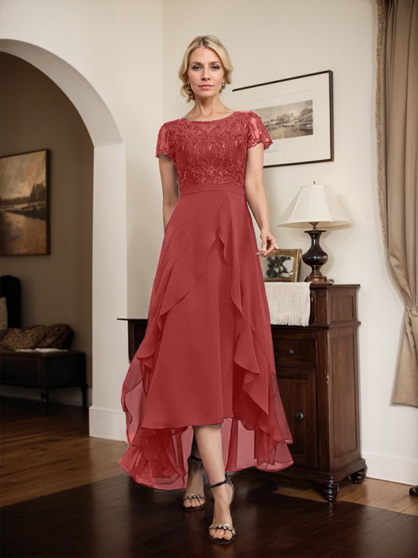 Vestido de novia asimétrico de gasa con encaje, corte en A, escote ilusión, detalle de lazo, volantes y lentejuelas para la madre de la novia 
