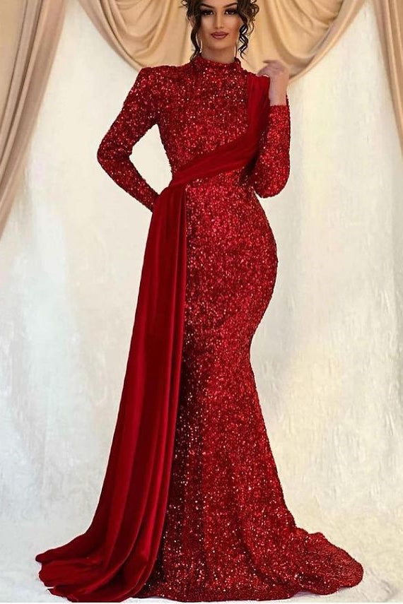 High Neck Long Sleeves Sequined Mermaid Prom Dress with Ruffles