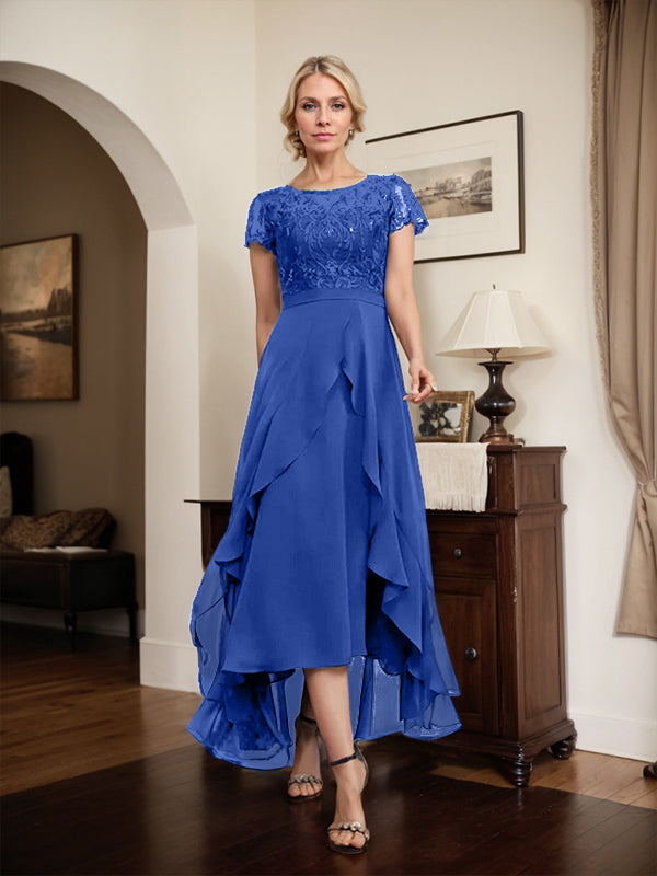Vestido de novia asimétrico de gasa con encaje, corte en A, escote ilusión, detalle de lazo, volantes y lentejuelas para la madre de la novia 