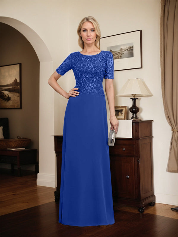 Vestido de novia de corte línea A, escote redondo, largo hasta el suelo, de encaje y gasa con lentejuelas.