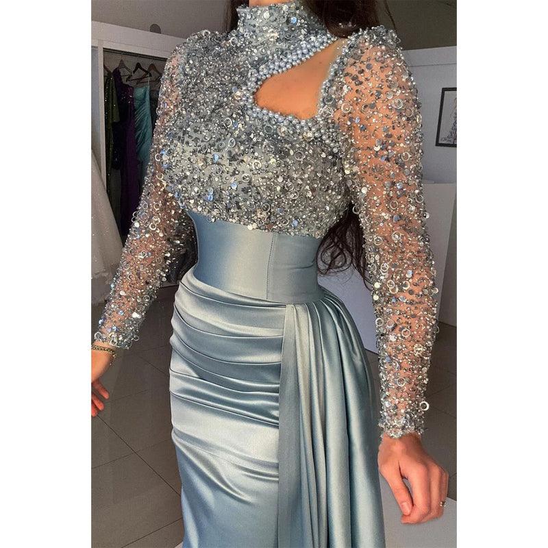 Vestido de noche de fiesta con cuello alto, mangas largas y lentejuelas, corte tubo/columna 