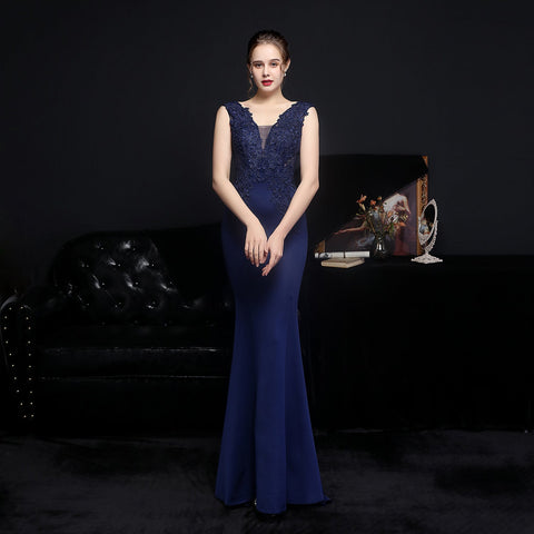 Vestido de noche de novia con cola de pez y encaje completo estilo europeo con diamantes 