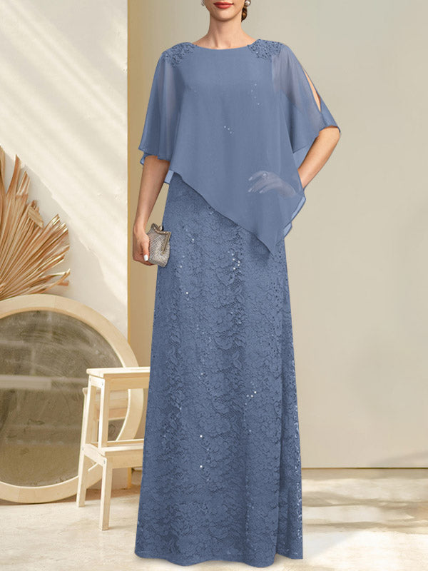 Robe fourreau/colonne longue en mousseline de soie et dentelle, ornée de sequins et de perles, pour la mère de la mariée.