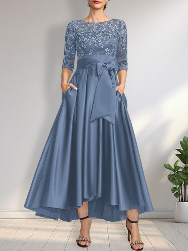 Vestido de madrina de la novia, corte asimétrico, escote ilusión, satén y encaje, con lazo.