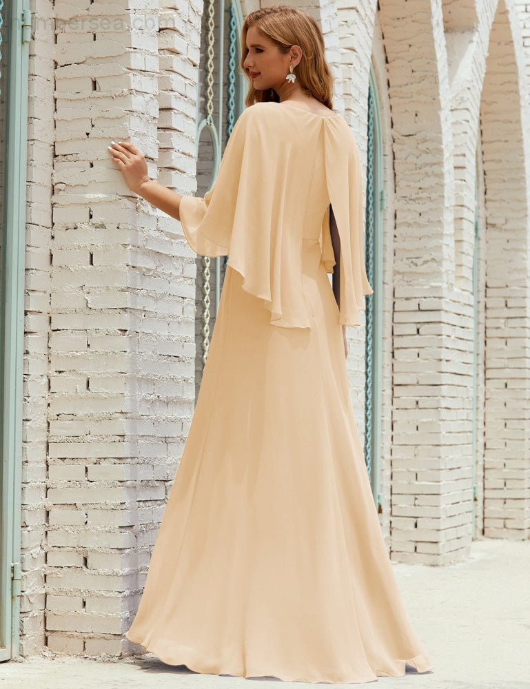 Vestido de dama de honor Sunderly para mujer, manga larga, cuello en V, de gasa, vestido formal de fiesta de boda SY28018