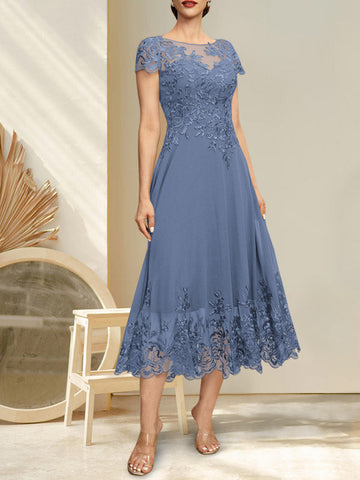 A-line Illusion Scoop Tea-Length Lace Chiffon Mother of the Bride Dress With Sequins