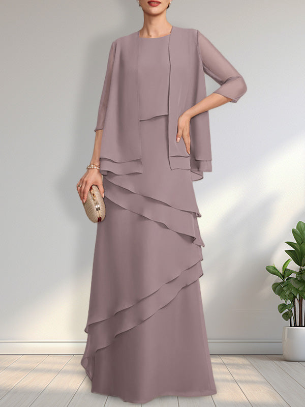 Vestido de gasa de corte recto y escote redondo hasta el suelo para la madre de la novia