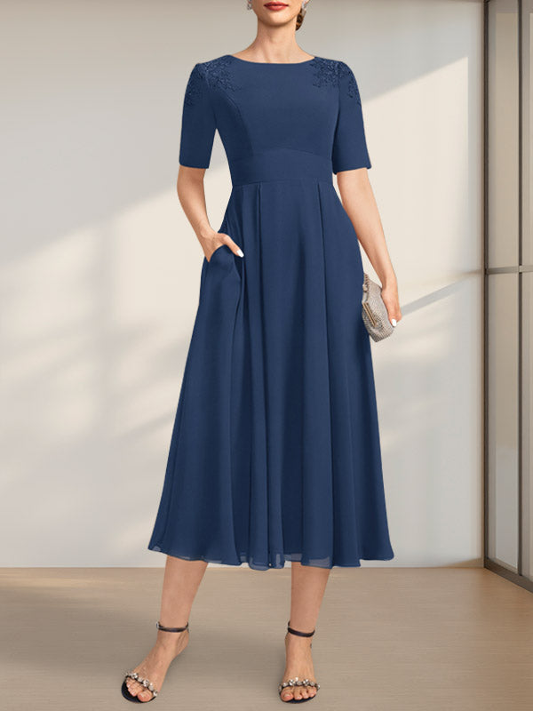 Vestido de corte A, escote redondo, largo té, de gasa, para la madre de la novia, con apliques de encaje y lentejuelas.