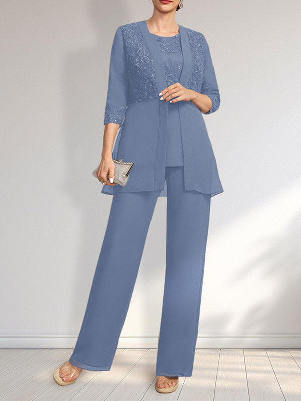Vestido de novia de gasa con encaje y lentejuelas, estilo mono/traje pantalón, largo hasta el suelo, con escote redondo.