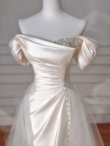 Elegant White off The Shoulder Satin Beaded Mermaid Evening Dress,Formal Prom Dress Wedding Dress Y8617