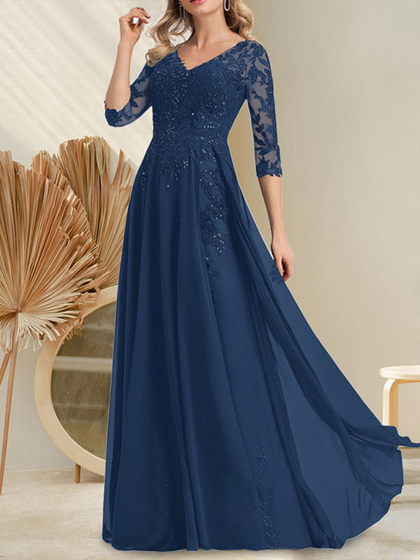Vestido de novia de corte A, escote en V, largo hasta el suelo, de gasa de encaje con lentejuelas para la madre de la novia