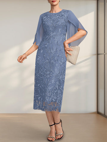 Sheath/Column Scoop Tea-Length Lace Chiffon Mother of the Bride Dress