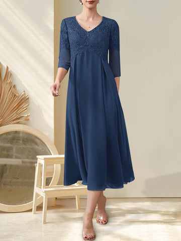 A-line V-Neck Tea-Length Chiffon Lace Mother of the Bride Dress With Beading
