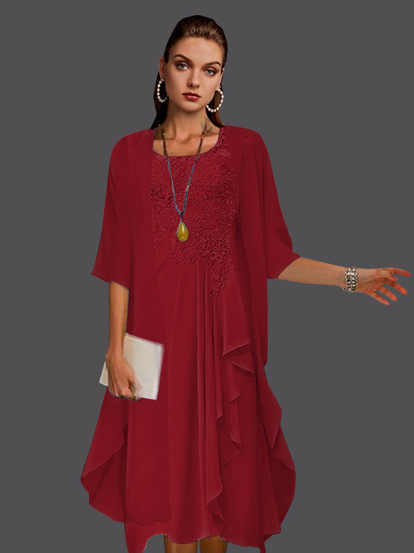 Vestidos de dos piezas de corte A, de gasa, encaje, sin mangas, con chaqueta, pliegues y apliques. 