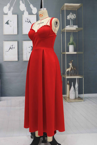 Robe de soirée rouge charmante sans manches, longueur cheville