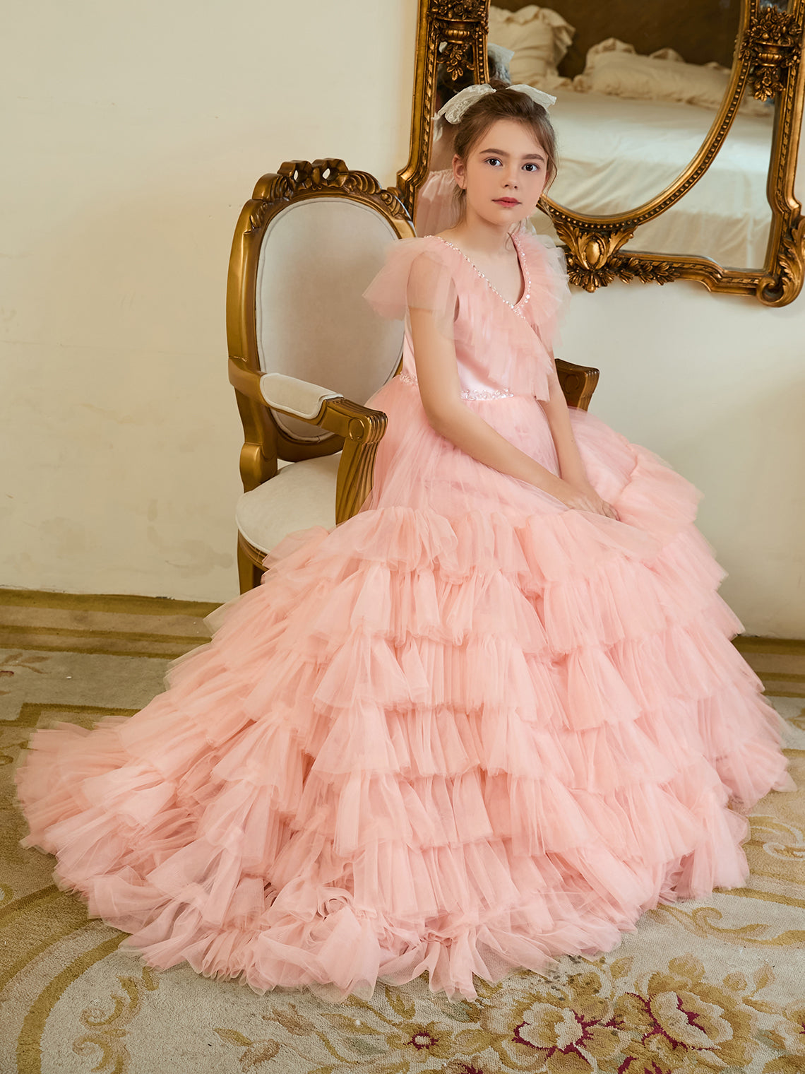 Vestido rosa perla de corte A con cola de tul (2003225563) 