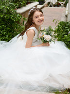 Vestido clásico blanco de corte A sin mangas para niña de las flores, de satén y tul 