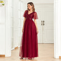 V Neck Wine Red Elegant Evening Dress Women A Line Back Zipper Mesh Stitching Sequined Short Sleeve Wedding Dress