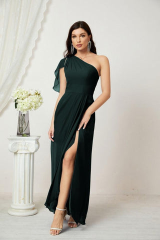 Robe de demoiselle d'honneur longue en mousseline de soie à volants et à une épaule, coupe trapèze, robe de soirée formelle fendue sur le côté, 2809