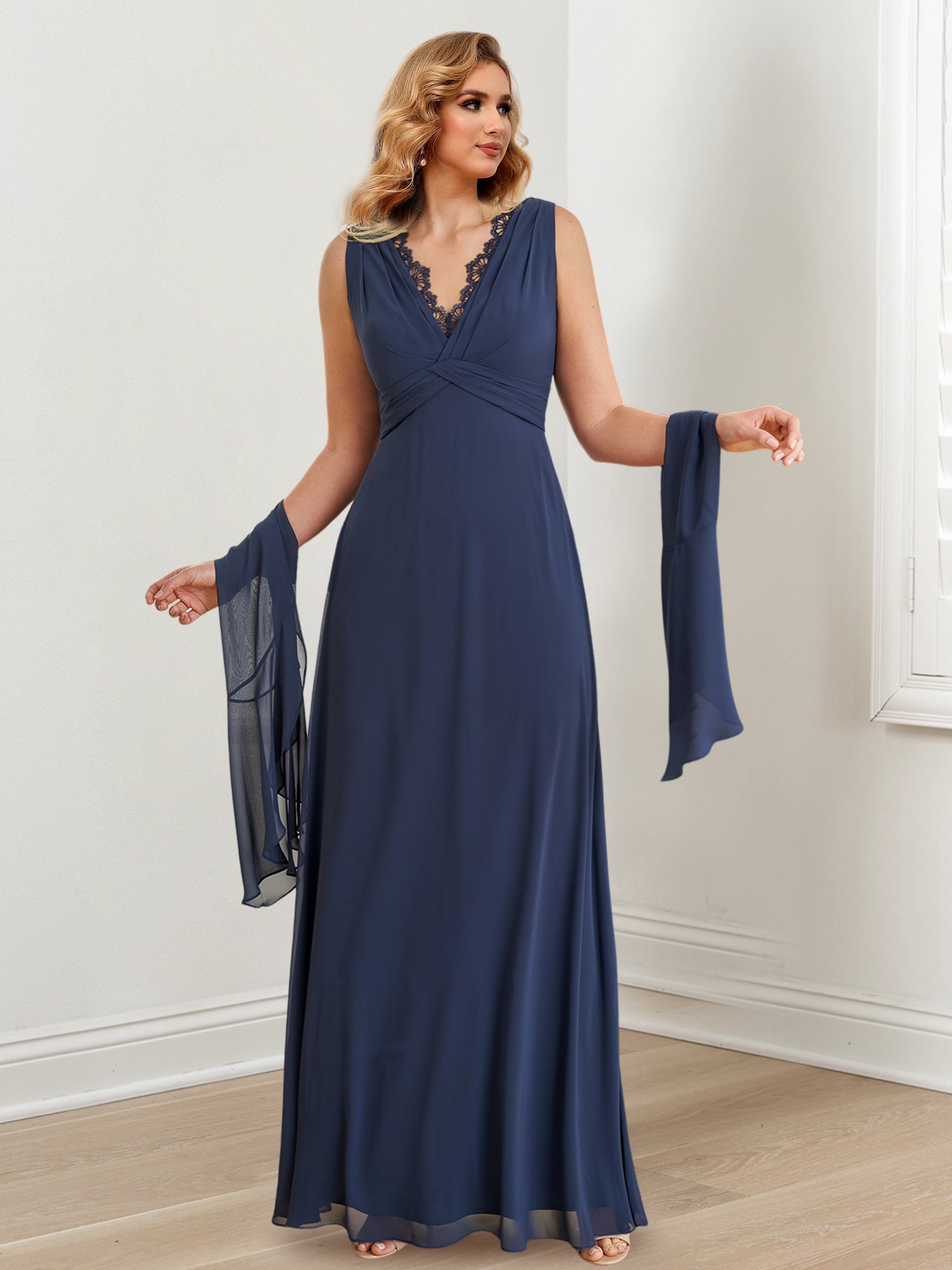 Vestidos de corte princesa/línea A con escote en V hasta el suelo para la madre de la novia 