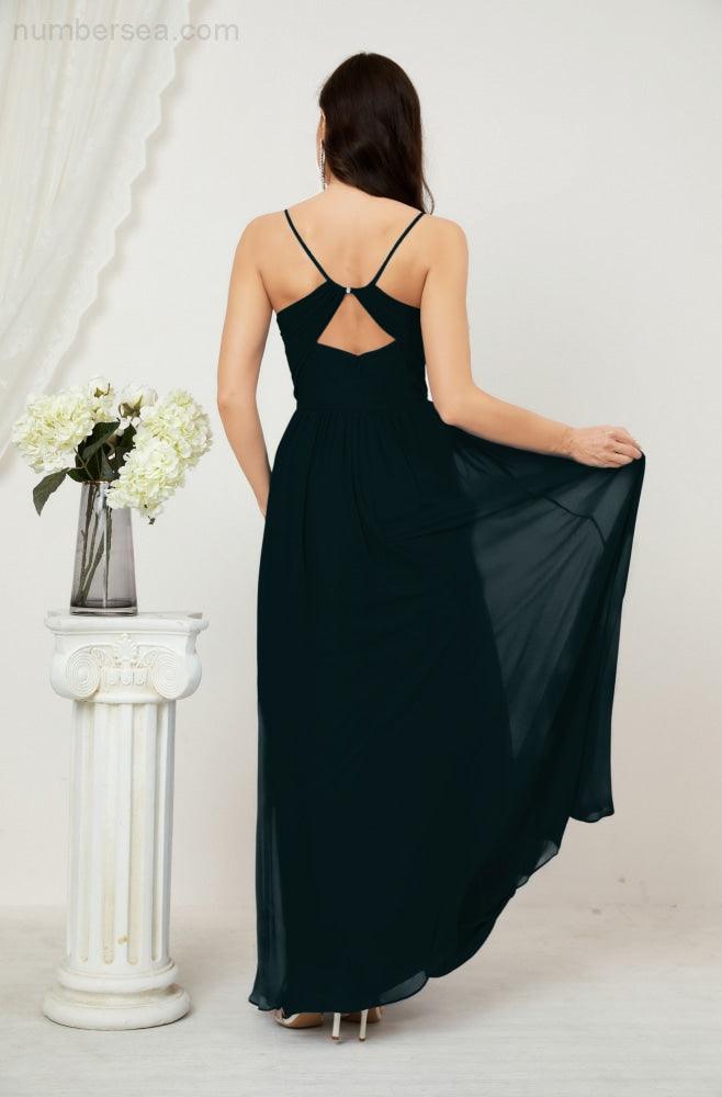 Robe de demoiselle d'honneur en mousseline de soie, longue, coupe trapèze, col en V, pour soirée de mariage, 2801 