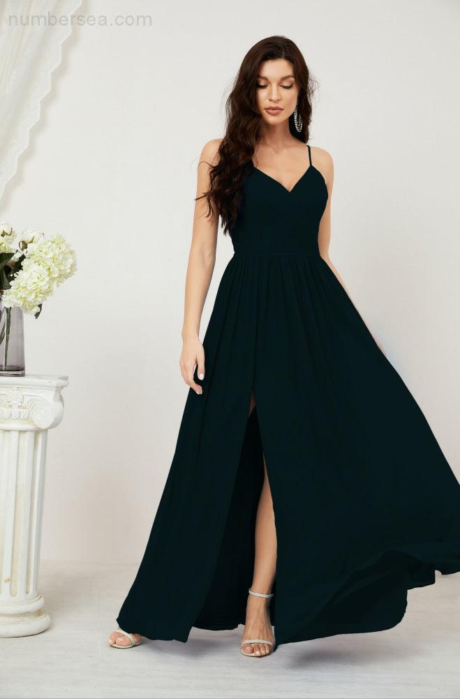 Robe de demoiselle d'honneur en mousseline de soie, longue, coupe trapèze, col en V, pour soirée de mariage, 2801 