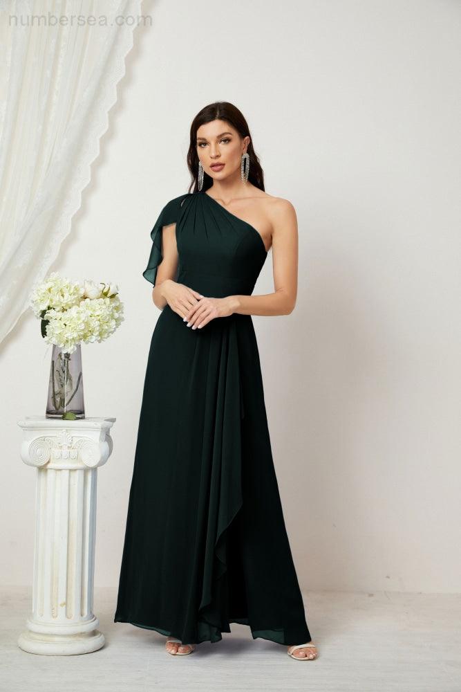 Baoleely  Chiffon Ruffled One Shoulder Long Bridesmaid Dresses A-line Formal Evening Gown Side Split 2809