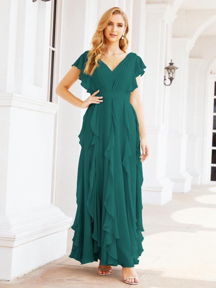 Ruffled Bridesmaid Dresses with Sleeves Long Formal Party Dress 28041
