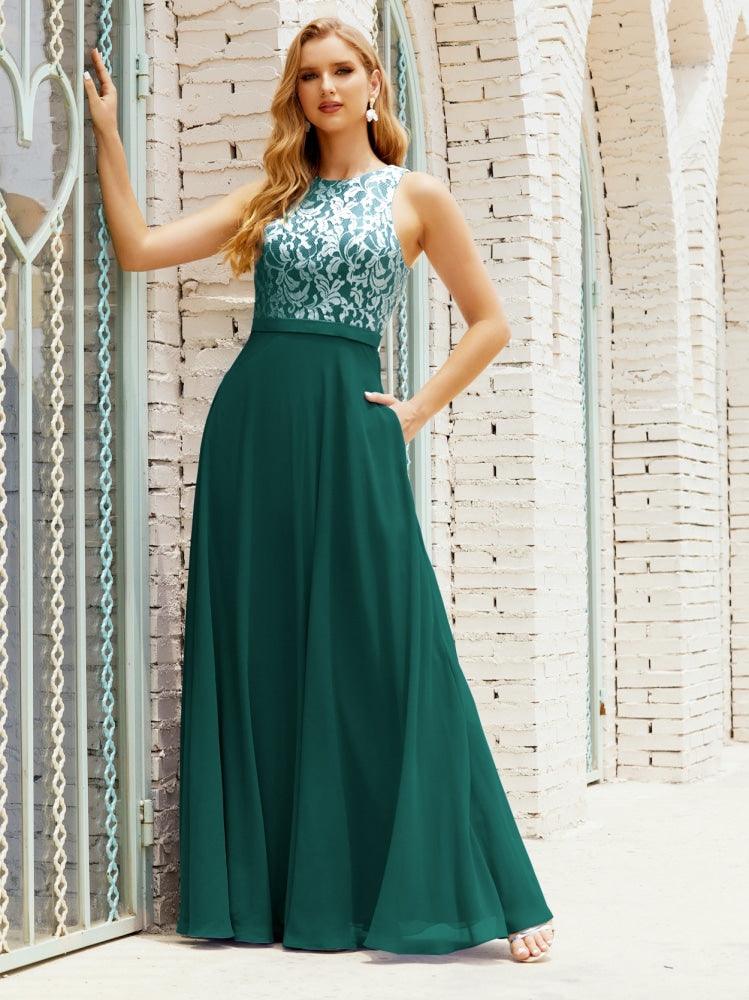 Vestido de dama de honor de encaje, largo hasta el suelo, con bolsillos, 28017 