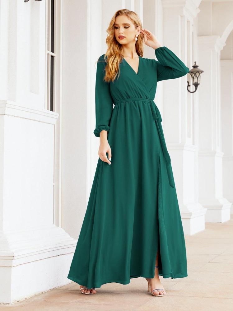 Vestido de dama de honor de gasa para mujer Sunderly, corte en A, manga larga, vestido de noche formal para invitada de boda SY28032 