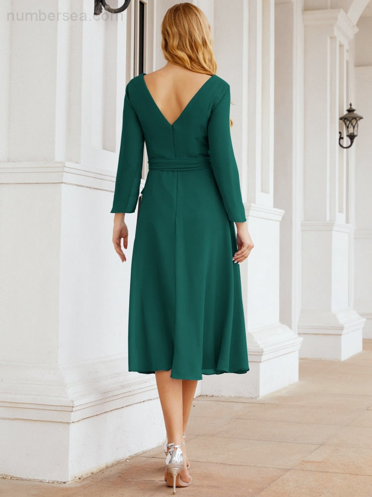 Robe de demoiselle d'honneur dos nu en V avec ceinture à la taille - Mère de la mariée - Invitée au mariage SY28031