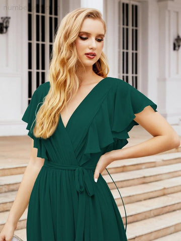 Vestido de fiesta formal de noche con espalda descubierta para mujer Baoleely, escote en V, largo, de gasa, con cinturón a la cintura 28038