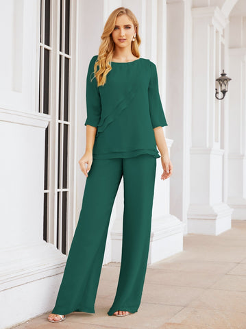 Elegante conjunto de pantalón y bata plateada de dos piezas para la madre de la novia, talla grande, con volantes, Sunderly Elegant SY28064