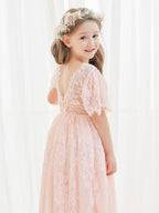 Vestido boho de niña de las flores color marfil, corte en A, de encaje y largo hasta el tobillo 